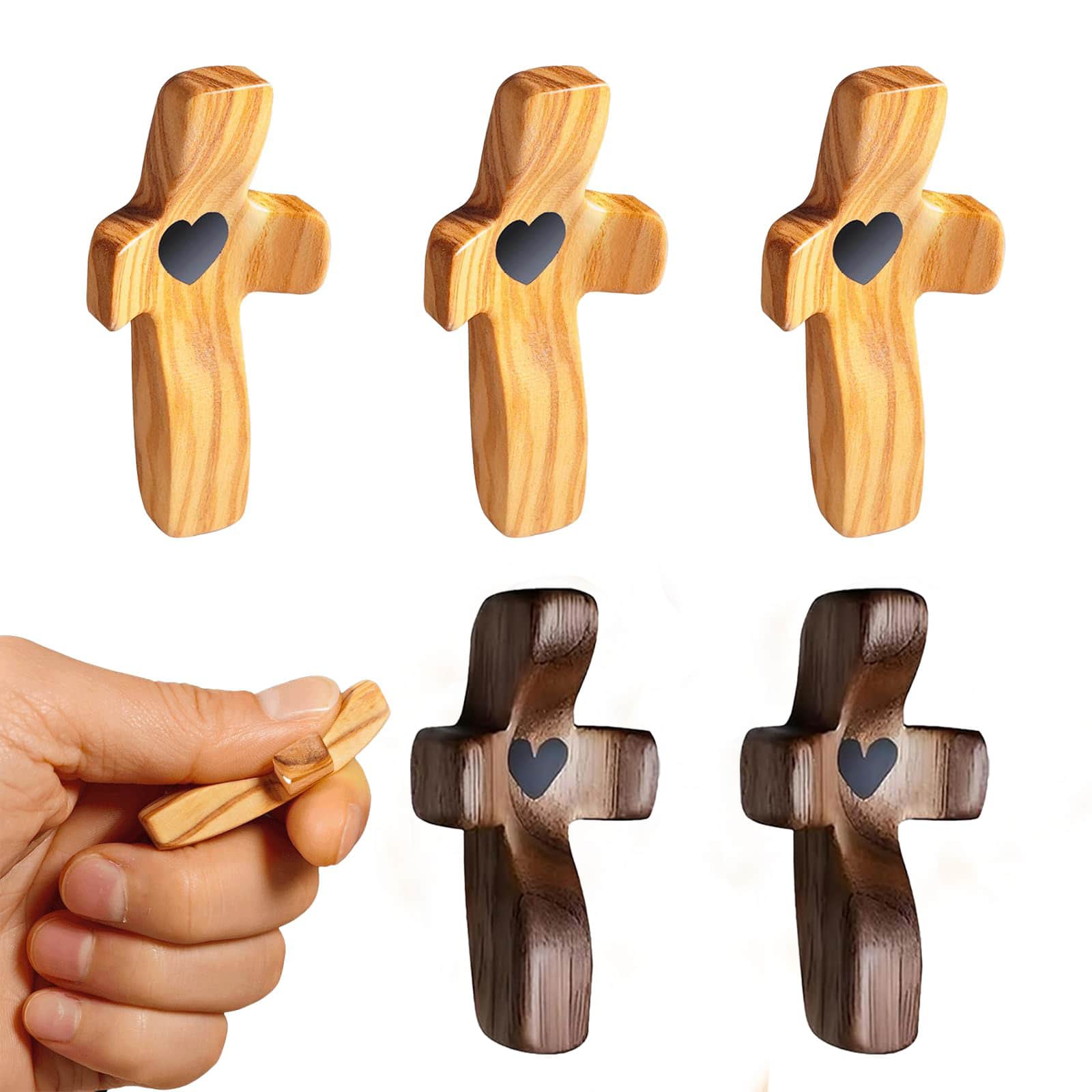 5 piezas de cruces de madera para aliviar la ansiedad - Mi latido del corazón, cruces de bolsillo de nogal para aliviar la ansiedad y la oración, regalos de bendición cristiana para adultos y niños - Multicolor - Ver 1