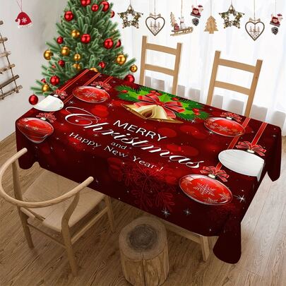 1/20pcs Christmas Tablecloth, Luxurious Red Background With Golden Bells And Red Christmas Ball Pattern Tablecloth, Merry Christmas Atmosphere Decoration, Suitable For Party Decoration, Home Kitchen Dining Table, Home Decoration