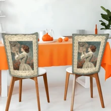 2/4/6 pièces Set, Décoration d'intérieur, Housses de chaise en lin à motif de portrait de palais, Convient pour la décoration d'intérieur quotidienne, salon, salle à manger ou jardin, et pour les rassemblements et fêtes d'hôtels et de restaurants, Matériau polyester lavable, Housses de coussin de siège de chaise de salle à manger