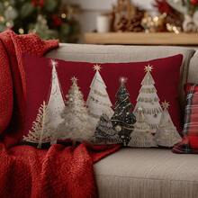 1pc Minimalist Red Background Black & Gold Christmas Tree Pattern Cushion Cover, Soft Peach Velvet Fabric, Single-Sided Printing, Fits 30*50/40*60CM Throw Pillow Insert, Home Bedroom Living Room Holiday Decor, Decorative Pillow Gift, No Pillow Insert - Multicolor - View 6