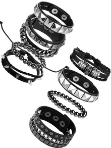 Yanxyad Men's Punk Rock Studded Bracelet Set, Spiked Leather Cuff Bracelets, Skull Studded Bracelet 80s Emo Style, Faux Leather, Fashion Gothic Halloween Jewelry Bracelet Accessory For Men Women