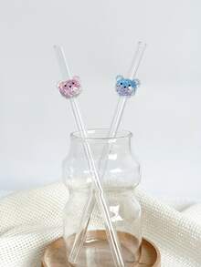 Shiny Bear Series Glass Straws, Transparent Smoothie, Bubble Tea, Juice, Milk, Cocktail, Cold Drink Reusable Bent Glass Straws With Shiny Bear Design, Suitable For Milkshake, Milk, Tea, Juice, Cocktail, Cold Drink, Gift For Girlfriend, Dessert Shop, Soft Drink Bar, Office, Bar, Restaurant - Straw - View 6