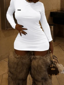 LovelyWholesale Đầm ngắn tay dài cổ tròn màu trơn dáng ôm dành cho nữ, màu trắng, thích hợp mặc hàng ngày vào mùa hè. - trắng - Xem 4