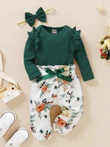 BrownBark 3pcs/Set Autumn Baby Girls' Casual Ribbed Solid Color Top + Printed Pants + Headwear Outfit, Versatile