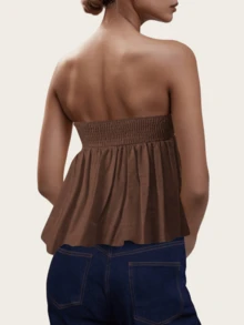 Women Summer Flowy Tube Top Y2k Solid Color Strapless Off The Shoulder Loose Fit Babydoll Bandeau Crop Tops Backless Sleeveless Going Out Tops Vests Shirts Casual Streetwear - 棕色 - 查看 4