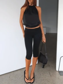 Fold Over Capri Yoga Pants For Women Low Rise Knee Length Stretch Leggings Summer Cute Going Out Crop Pants Streetwear - 黑色 - 查看 2