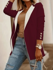 1 pieza Chaqueta larga de punto con mangas holgadas y botones, de bloqueo de color, para mujer, primavera/otoño - Burdeos - Ver 1