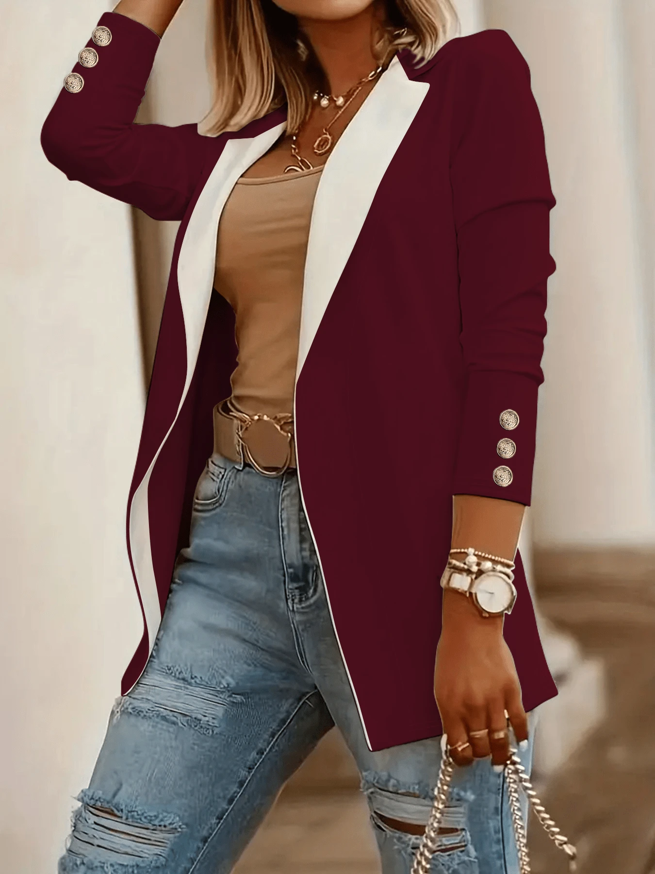 1 pieza Chaqueta larga de punto con mangas holgadas y botones, de bloqueo de color, para mujer, primavera/otoño - Burdeos - Ver 1