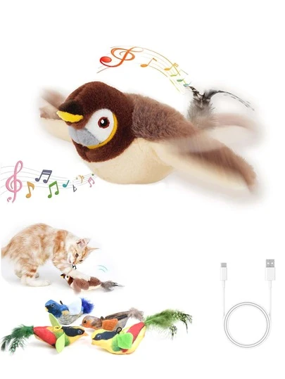 1 st. färgslumpmässiga Migipaws kattleksaker, interaktiva verklighetstrogna rödhake flygande flaxande fågel med kattmynta, fjädrar hängande med elastiskt snöre, automatiskt kvittrande kattungeleksaker för inomhuskatter självlek ﻿sparv fågeldesign husdjur plyschleksak tugg hållbar katt pipande leksak