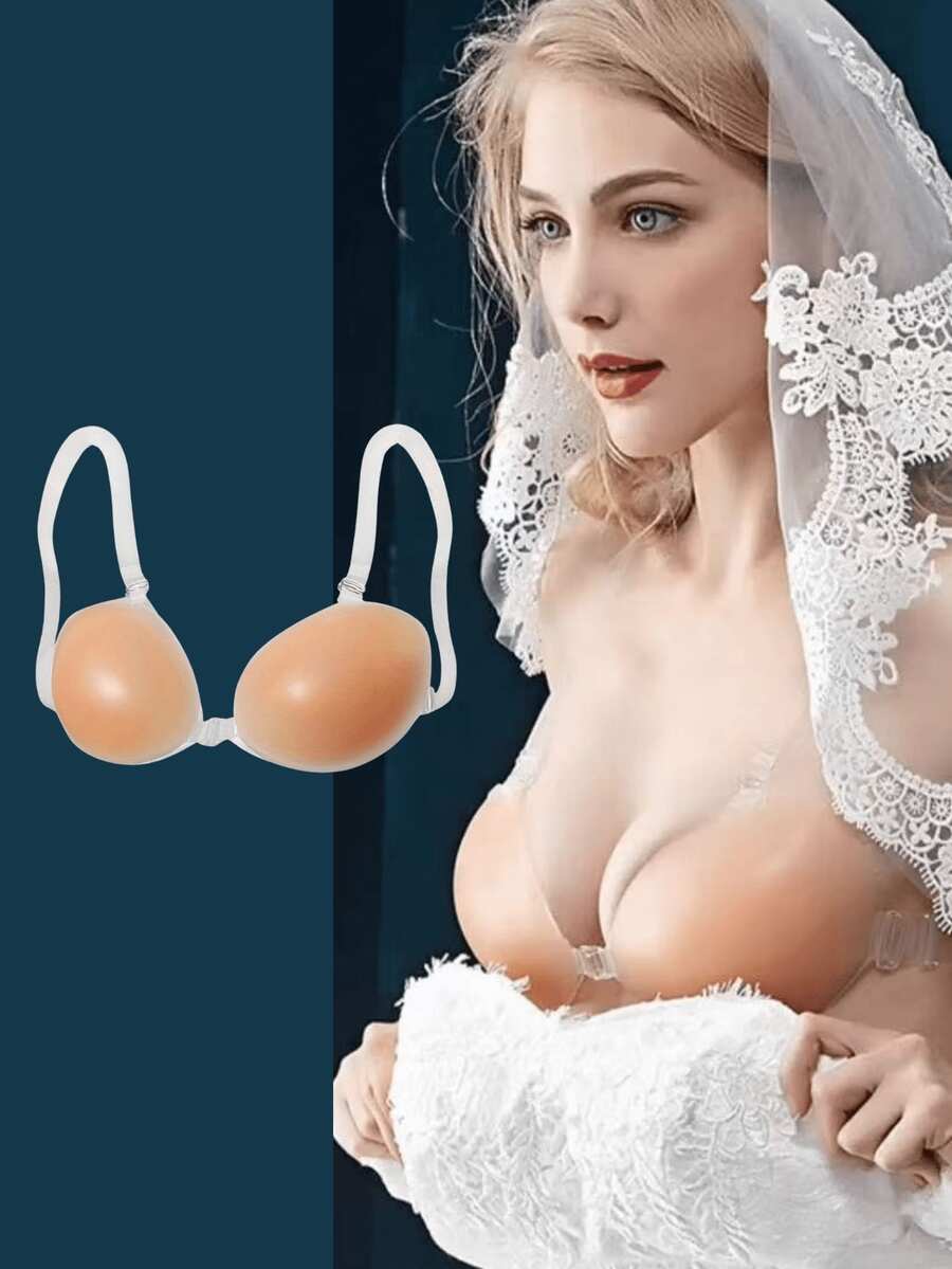 透明肩带粘性胸罩无肩带粘性隐形聚拢可重复使用硅胶最佳女士透明肩带适用于连衣裙、吊带、婚纱、露背等服装 - 米色 - 查看 1