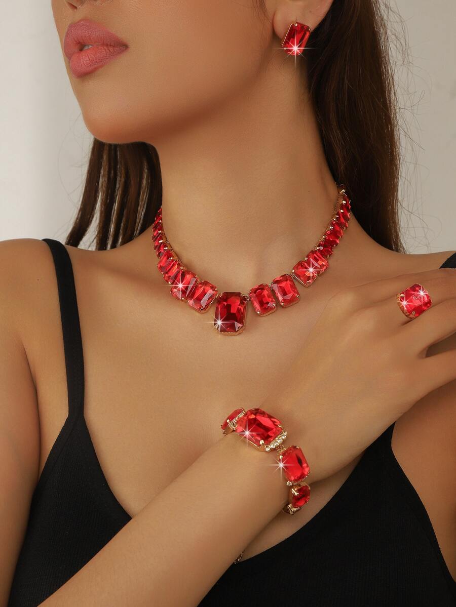 1 pieza Collar de cristal geométrico de alta gama en rojo, verde, blanco, amarillo champán, 1 pieza de aretes de cristal geométricos, 1 pieza Brazalete de cristal con flores, 1 pieza Anillo de cristal geométrico, Juego de 4 piezas de joyería, Accesorios de moda adecuados para vestidos de noche