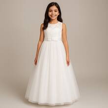 Long Dress For Children, Youth, Party, Flower Girl, Bridesmaid, Wedding, Flower Girl, Debutante, Princess, Miss, Lace With Bow, 3/4 Sleeve, Luxury - 3 To 16 Years - 白色 - 查看 1