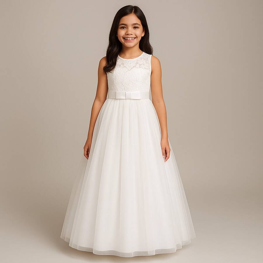 Long Dress For Children, Youth, Party, Flower Girl, Bridesmaid, Wedding, Flower Girl, Debutante, Princess, Miss, Lace With Bow, 3/4 Sleeve, Luxury - 3 To 16 Years - 白色 - 查看 1