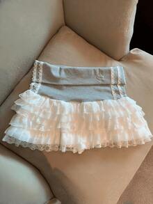 1件甜美蕾丝拼布撞色高腰蛋糕迷你裙 - 彩色 - 查看 10