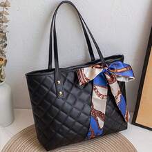 1pc PU Quilted Embroidered Tote Bag With Scarf Decor, Large Capacity Lightweight Versatile Commuter Bag - Black - View 5