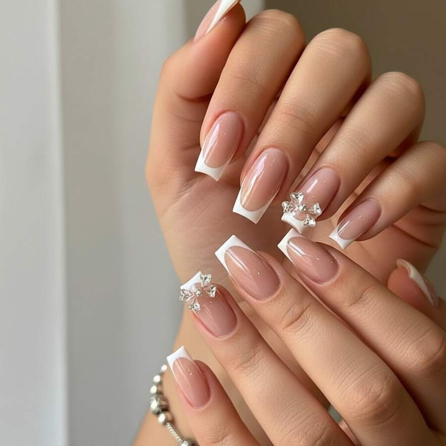 Best-Selling White French-Style Sweet Press-On Nails With Bowknots - Finished False Nails