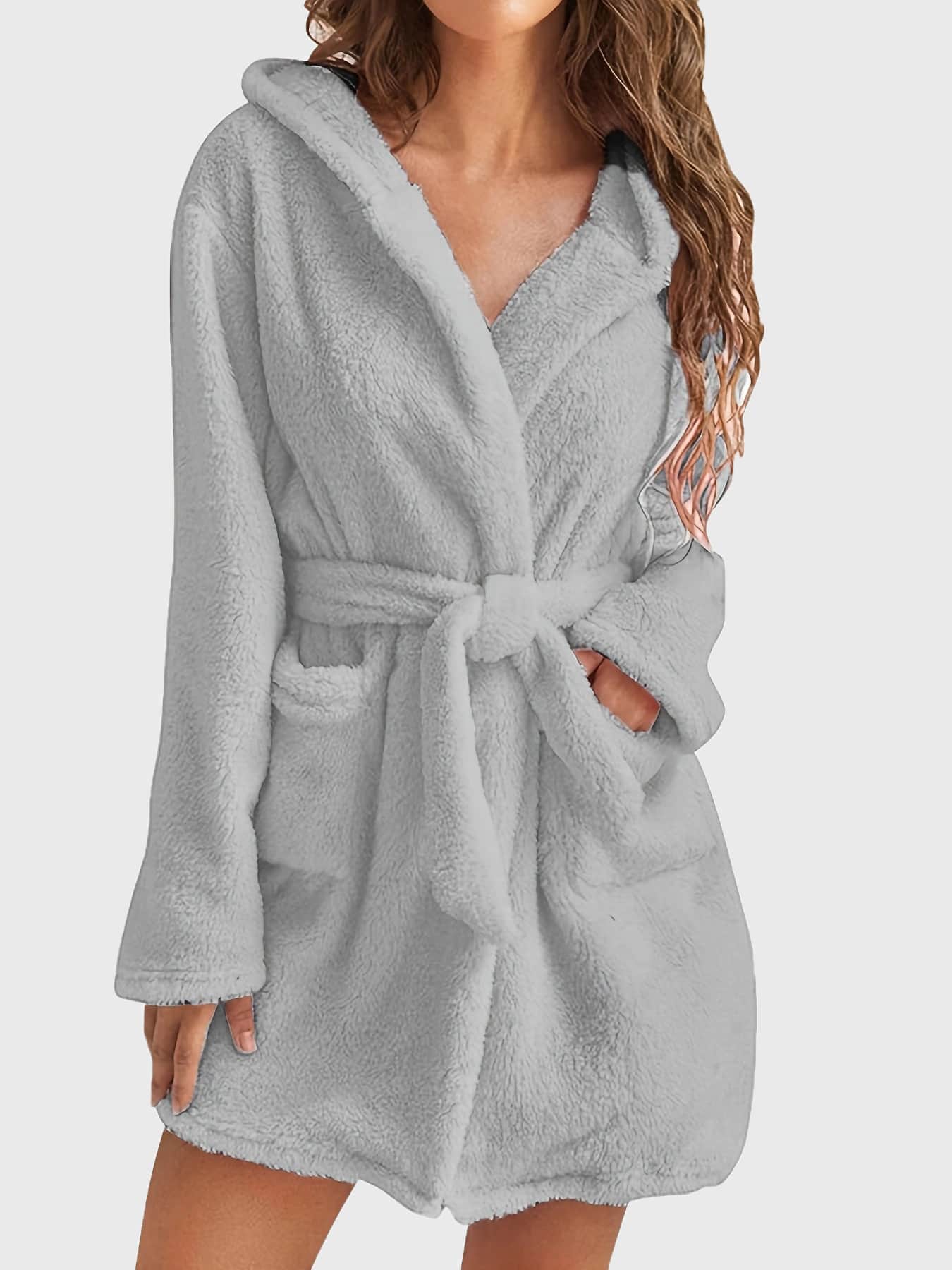 Furry Fluffy Hooded Waist Tie Casual Sleepwear Robe, European & American, Winter, Cozy