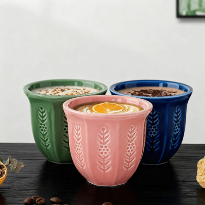 1 Pc Embossed Flower Ceramic Cup – 250ml/8.5oz Colorful Mug, Arabic Coffee Cup, Ideal For Coffee, Matcha, And Tea, Gift For Halloween, Christmas, Ramadan