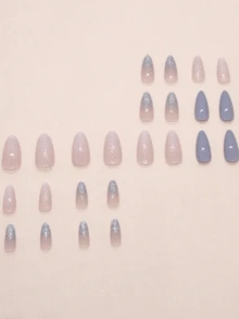 A Complete Set Of 24 Mid-Length Almond-Shaped Press False Nails, Featuring A Clear And Fine Misty Blue Design, Includes 1 Piece Of Jelly Glue And 1 Nail File. They Are Perfect For Parties, Dancing And Daily Wear. They Are Detachable And Reusable - Multicolor - View 2