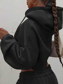 2 piezas Conjunto de sudadera con capucha y pantalón de chándal de unicolor casual para mujer, negro de otoño/invierno primavera - Negro - Ver 3