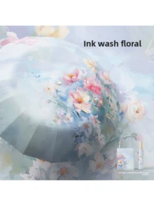 1pc Ink Painting Style Inner & Outer Printed High-End Sunshade Umbrella, UV Protection, Suitable For Outdoor Travel, Dual Use For Sunny And Rainy Days