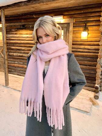 1pc Women Autumn/Winter New Plush Tassel Scarf, Warm And Comfortable Large Shawl, Windproof And Warm For Outdoor, Simple And Versatile For Daily Wear For Dress