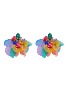 1 Pair Bohemian Style Colorful Fabric Flower Shaped Exaggerated Earrings, Inlaid With Faux Gems, Large Size Stud Earrings For Women, Suitable For Parties, Galas, Beach Vacations, Fashion Jewelry
