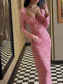 新款性感优雅碎花长袖摆裙，波西米亚风格女士度假连衣裙，初秋