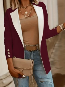 1 pieza Chaqueta larga de punto con mangas holgadas y botones, de bloqueo de color, para mujer, primavera/otoño - Burdeos - Ver 4