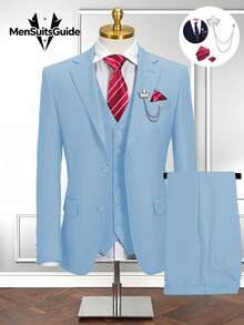 6pcs Men's Slim Fit Light Blue Suits Tuxedos Double Breasted Multicolor Blazer Vest And Pants With Tie  Brooch And Pocket Square, Prom Suits For Men Wedding Grooms - Màu xanh nhạt - Xem 16