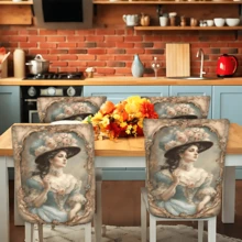 2/4/6 pièces Set, Décoration d'intérieur, Housses de chaise en lin à motif de portrait de palais, Convient pour la décoration d'intérieur quotidienne, salon, salle à manger ou jardin, et pour les rassemblements et fêtes d'hôtels et de restaurants, Matériau polyester lavable, Housses de coussin de siège de chaise de salle à manger