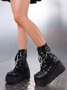 Goth Punk Women's Chain Platform Boots Platform Wedge Ankle Boots Goth Patent Lace Up Boot Chain Strappy Booties Lace Up&Zipper Combat Boots - 黑色 - 查看 6