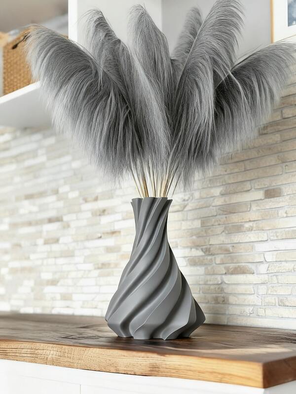 1pc Elegant Twisted Shape Plastic Fake Ceramic Vase With Pampas Flowers Nordic Style Gray Color For Home Decor Room Decor Bedroom Decor Living Room Wedding Decorative Flower Vase For Table Centerpiece Desk Decor