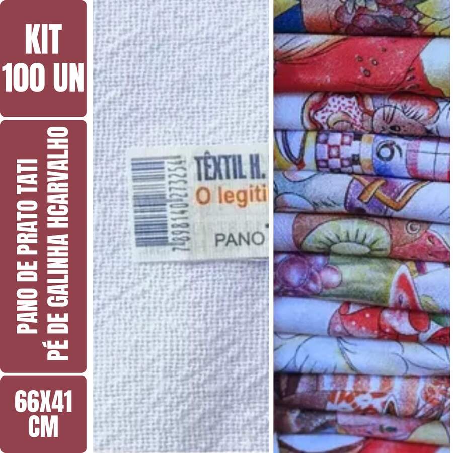 Kit 100 Un - Pano De Prato Copa Estampado Tati Têxtil H. Carvalho - Pé De Galinha - Branco - Estampas Diversas - 66x41cm - Branco - Visão 1