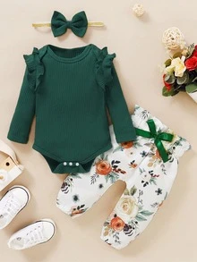 BrownBark 3pcs/Set Autumn Baby Girls' Casual Ribbed Solid Color Top + Printed Pants + Headwear Outfit, Versatile