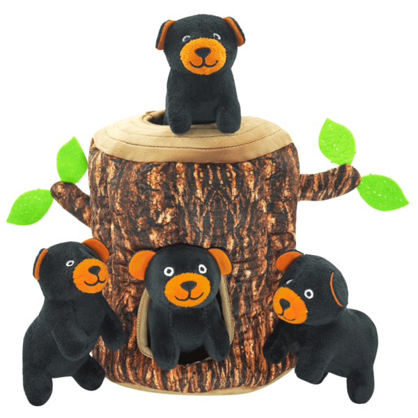 Cartoon Black Bear Tree Stump Plush Dog Toy, With 4 Black Bears, Durable, Interactive Play, Promotes Cognitive Development, Suitable For All Breeds And Sizes, Sound Toy, Press For Sound