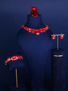 1 pieza Collar de cristal geométrico de alta gama en rojo, verde, blanco, amarillo champán, 1 pieza de aretes de cristal geométricos, 1 pieza Brazalete de cristal con flores, 1 pieza Anillo de cristal geométrico, Juego de 4 piezas de joyería, Accesorios de moda adecuados para vestidos de noche