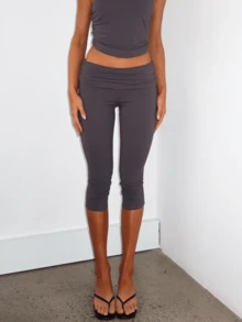Fold Over Capri Yoga Pants For Women Low Rise Knee Length Stretch Leggings Summer Cute Going Out Crop Pants Streetwear - 咖啡棕 - 查看 3