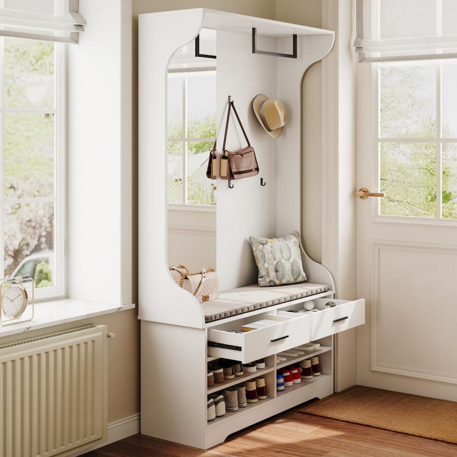 Wardrobe Set Wall Wardrobe, White, Hallway Wardrobe Set With Open Shoe Cabinet And Mirror, 4 Coat Hooks, 1 Clothes Rail, 2 Drawers, Entrance Cupboard Coat Stand, Modern Anteroom Furniture Set - White - View 1