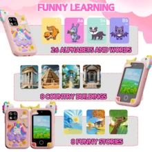 Juguetes de Navidad Teléfono inteligente para niños, regalos de cumpleaños y Navidad para niños de 3 a 10 años, juguetes educativos con teléfono celular, pantalla de 2.8", cámara dual, juegos, música, alarma, calculadora, incluye cordón para teléfono, tarjeta de memoria de alta capacidad y cable de carga.