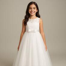 Long Dress For Children, Youth, Party, Flower Girl, Bridesmaid, Wedding, Flower Girl, Debutante, Princess, Miss, Lace With Bow, 3/4 Sleeve, Luxury - 3 To 16 Years - 白色 - 查看 9