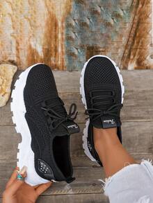 Breathable Mesh Sneakers] Lightweight Breathable Mesh Sneakers - Non-Slip EVA Sole, Comfortable Ankle Support, Lace-Up Low-Top Running & Tennis Shoes For Men And Women, Retro Style, All-Season Wear, Fitness Wear - 黑與白 - 查看 5