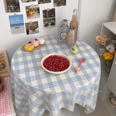 1pc Nordic Style Muted Blue Plaid Tablecloth, Suitable For Dining Table, Student Dorm Desk, Photography Backdrop