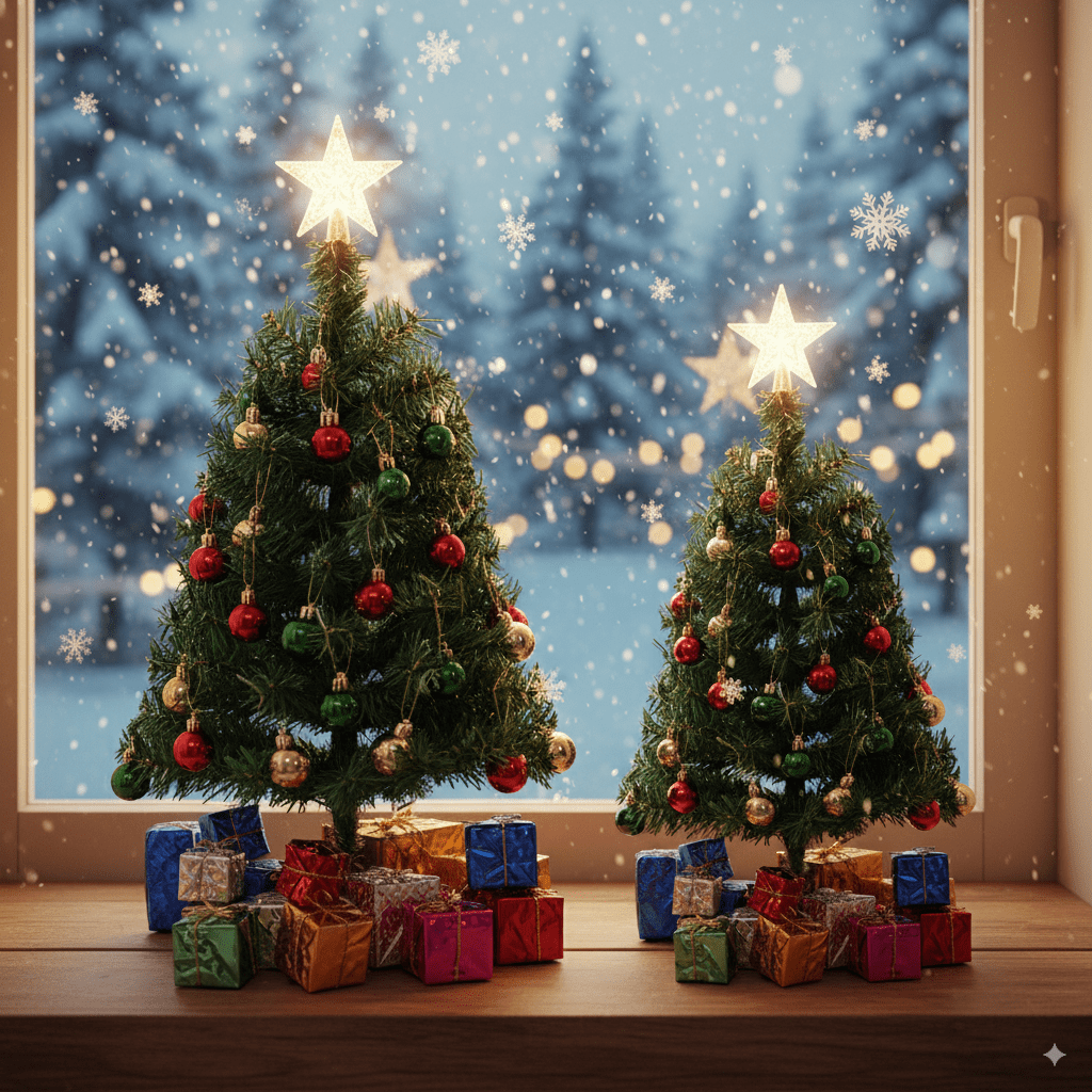 شجرة عيد الميلاد الصغيرة بارتفاع 60 سم، مزينة بأضواء LED متعددة الألوان، قمة نجمية، صناديق هدايا مزينة وزينات معلقة للديكور الذاتي لعيد الميلاد، ديكور منزلي لعيد الميلاد وتزيين الغرف في فصل الشتاء