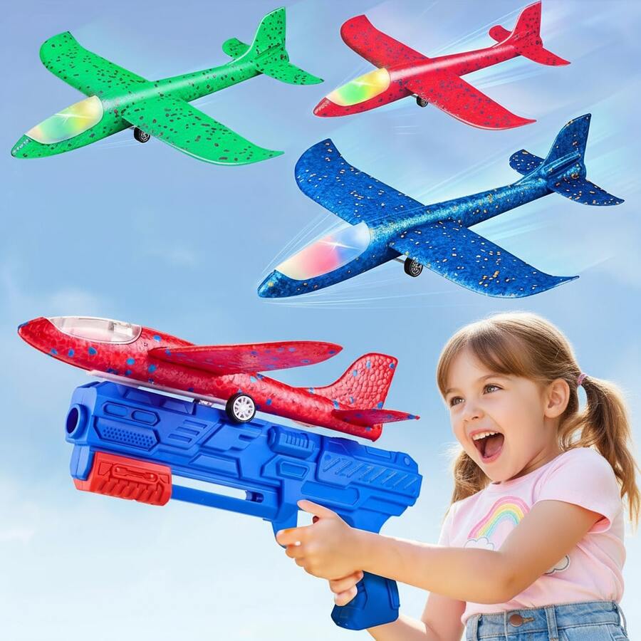 3 Pack Airplane Launcher Toys, Foam Glider Catapult Plane Toy For Boys, 2 Flight ModesOutdoor Flying Toys Birthday Gifts For Boys Girls 3 4 5 6 7 8 9 10 11 12 Year Old