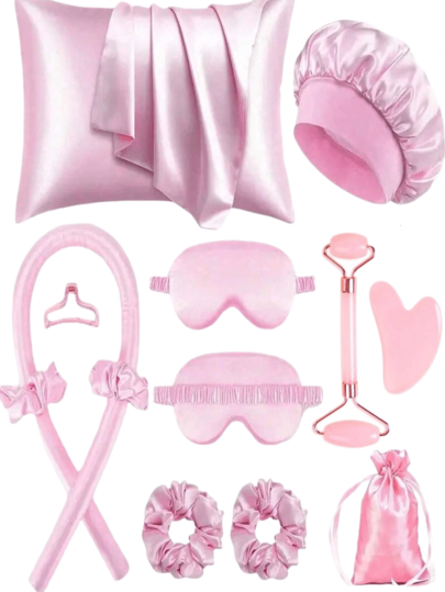 12-Piece Multi-Color Set Of Sleeping Hair Styling Tools, Curling Iron And Facial Massager, 1 Silk Pillowcase, Large Set For Hair And Skin, Silk Heat-Free Curling Set, Overnight Curling Iron, 1 Soft Eye Mask For Sleep, 1 Double-Headed Roller Massager, Hair Curlers, Curly Hair Brush, Rollers, Curly Hair Products, Curler, Hair Roller, Hair Curl, Curly Hair Tools