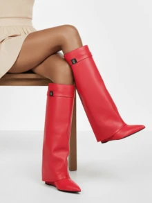Women's Fold Over Shark Boots Pointy Pull-On Wide Calf Boots Shark Padlock Nightclub Elegant Luxury Fashion WInter Fall Shoes - 紅色 - 查看 3