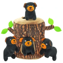 Cartoon Black Bear Tree Stump Plush Dog Toy, With 4 Black Bears, Durable, Interactive Play, Promotes Cognitive Development, Suitable For All Breeds And Sizes, Sound Toy, Press For Sound