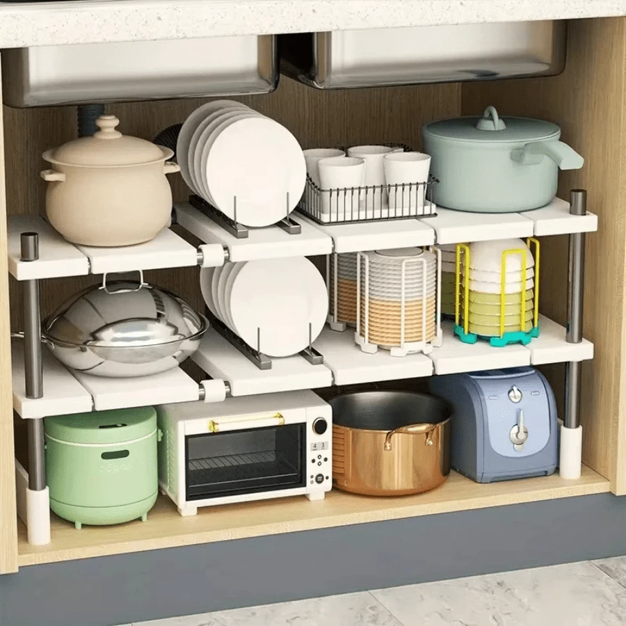 Prateleira retrátil para cozinha sob a pia, prateleira em camadas para armário de cozinha, prateleira multifuncional para panelas e armazenamento - Branco - Visão 2