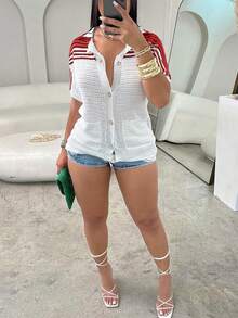 Apperloth A Casual Knit Tops Turnover Collar Short Sleeve V Collar Button Front Contrast Pullover Sweater Crochet Top Summer Vacation For Women - Multicolor - View 3